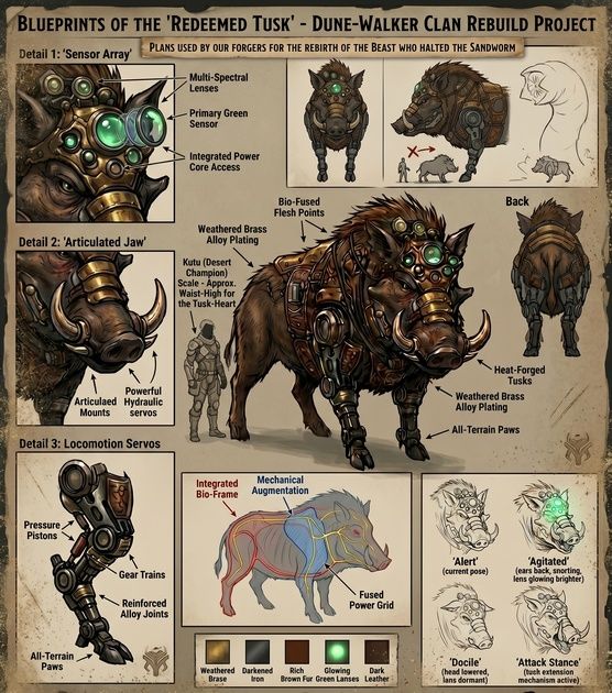 Tusk, now Rusty — Kutu's cybernetic warthog companion